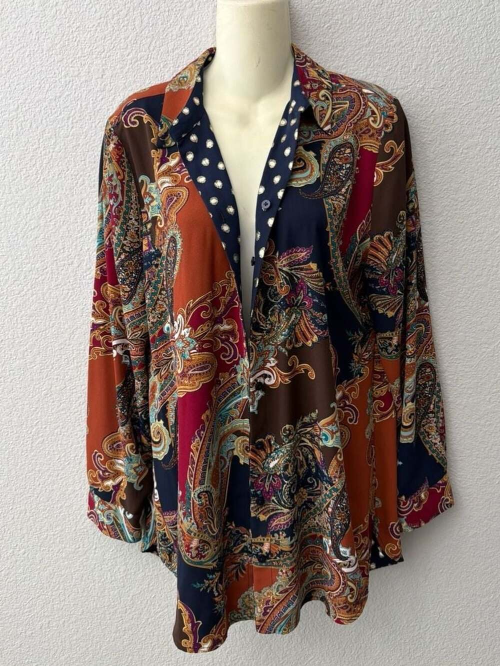 Chico's Reversible Long Sleeve Blouse Paisley Print and Navy Gold Polka Dots